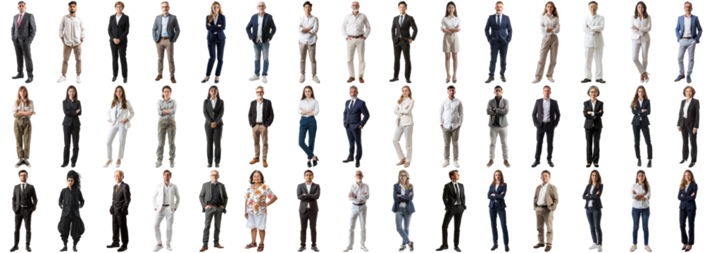Many business people set isolated background, casual formal attire wear, full body length, networking mixed different diversed businesspeople, happy male female, successful career, crisp edges style