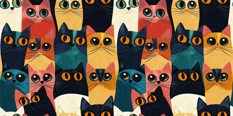 Seamless stylized cat pattern with colorful cartoon feline faces on dark background, playful modern design for textiles and pet-themed decor