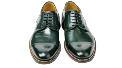 Pair of stylish green leather men's dress shoes isolated on transparent background