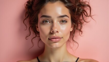 Naklejka premium A close-up portrait of a woman with a soft expression, natural freckles, and brown eyes, against a pink background, showcasing her beauty and natural look. Generative, AI,