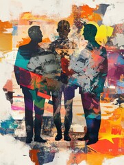 Fototapeta premium Modern artistic collage featuring silhouettes of world leaders engaged in conversation within an abstract political context Generative AI