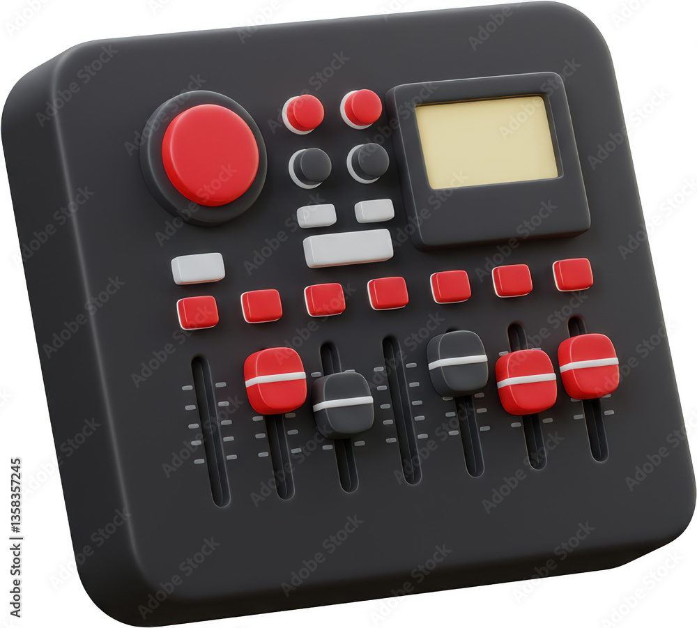 Poster 3d render of a modern music mixer control panel with red and black buttons and knobs