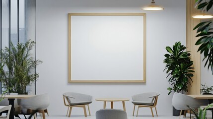 Creative office with a blank wooden frame on a white wall ready for branding or artistic decoration