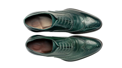 Pair of stylish green leather brogue shoes isolated on transparent background