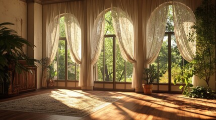 Obraz premium Sunlit Room with Arch Windows and Sheer Curtains