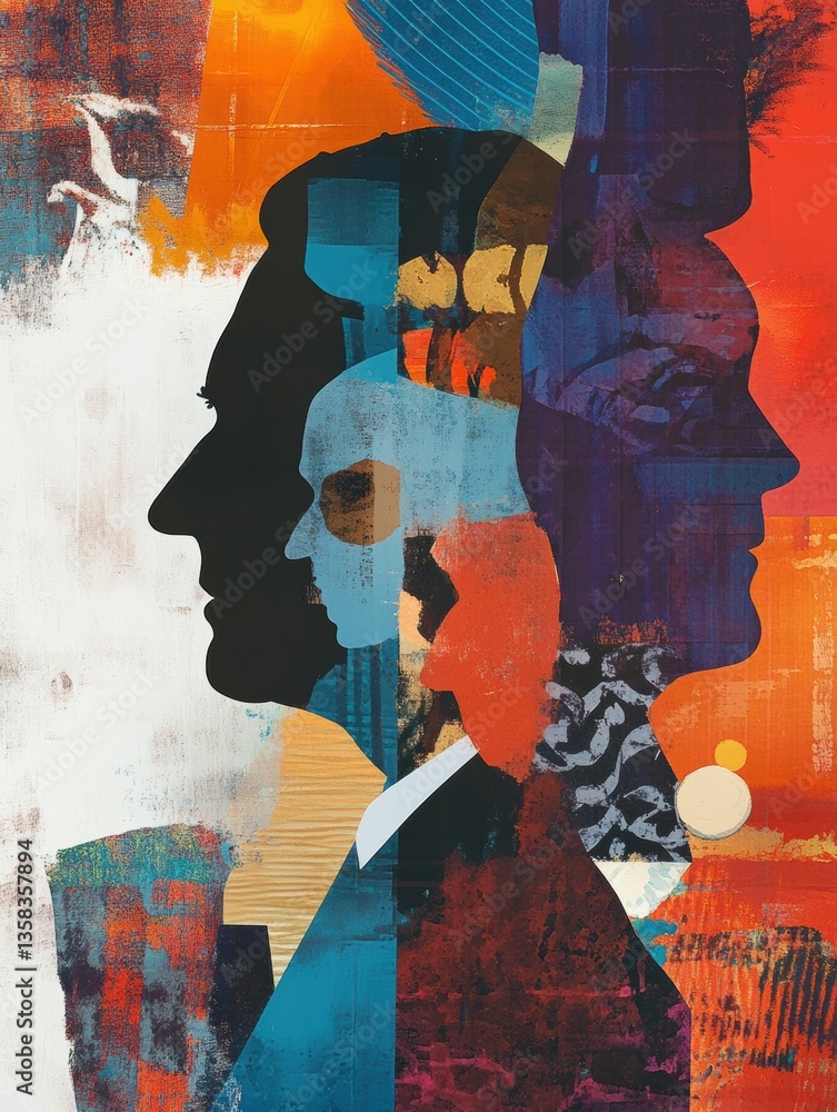 Poster modern artistic collage showcasing silhouettes of world leaders with abstract patterns in a deep pol