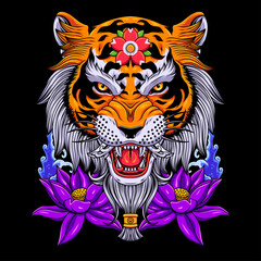 Vector graphic illustration of tiger head with lotus flower suitable for apparel design merchandise isolated on dark background