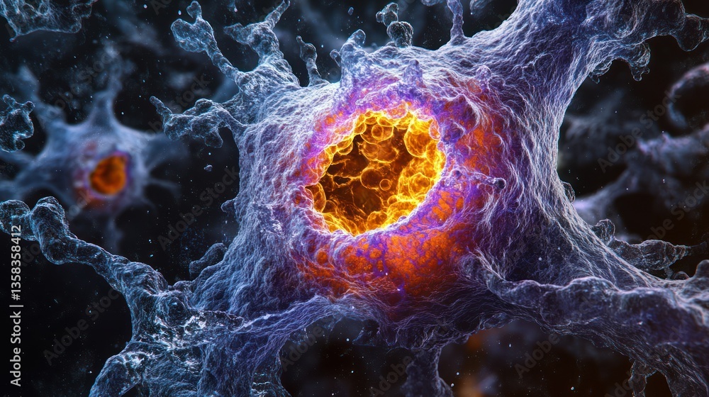 Poster microscopic cellular structure: a vivid depiction of a cell's intricate network and fiery core