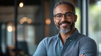 Obraz premium Portrait of a Smiling Middle-Aged Man with Graying Hair and Glasses in a Modern Office Setting