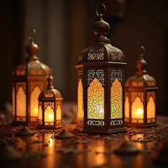 Obraz premium Elegant golden Arabic lanterns hanging gracefully, symbolizing Ramadan, Eid, and Islamic culture with intricate beauty.