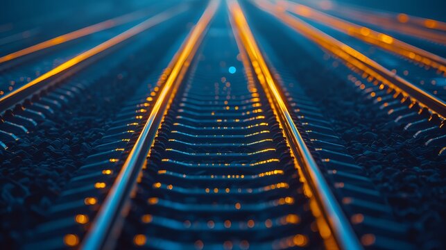 Abstract shot of illuminated train tracks stretching into distance with blurred lighting effects