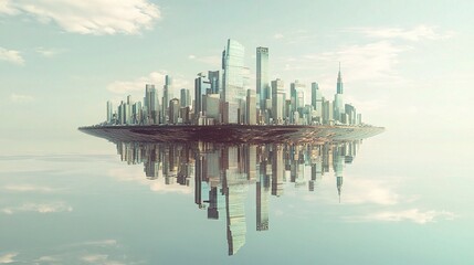 Surreal Floating Cityscape in Abstract Style with Reflective Water