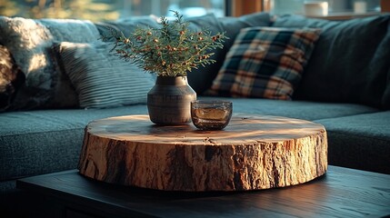 Rustic wooden coffee table with a vase and candle