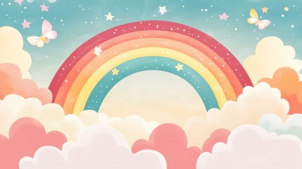 Pastel Rainbow Over Fluffy Clouds and Butterflies