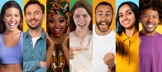 A diverse group of happy individuals showcases joy and positivity against a bright background. Their cheerful expressions celebrate unity in diversity, reflecting a vibrant lifestyle.