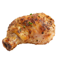 Grilled chicken drumstick garnished with herbs on white background