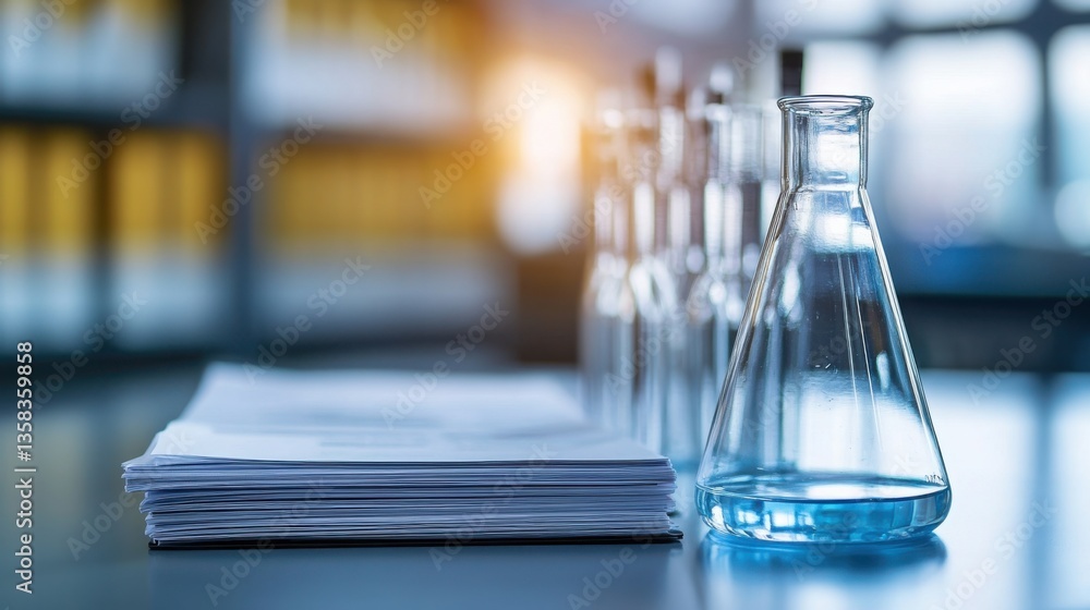 Poster glassware and documents on desk in laboratory setting