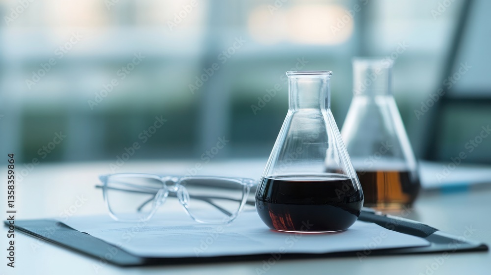 Poster laboratory glassware and documents on desk in scientific workspace