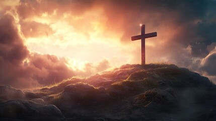 Obraz premium holy cross symbolizing the death and resurrection of Jesus Christ with The sky over Golgotha Hill is shrouded in light and clouds