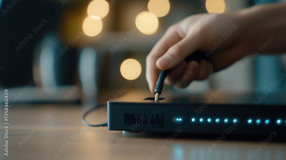Aufkleber Hand Plugging Cable into Router with Macro Detail and Soft Background
