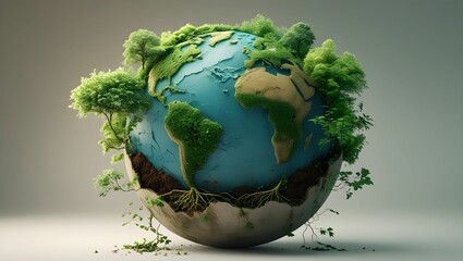 A highly detailed 3D-rendered digital illustration of Earth, beautifully transformed into a living ecosystem. The continents are covered with lush green forests, moss, and vibrant foliage.
