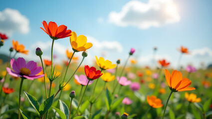 Obraz premium A field of wildflowers in full bloom, with a clear blue sky in the background, representing the beauty of summer landscapes.