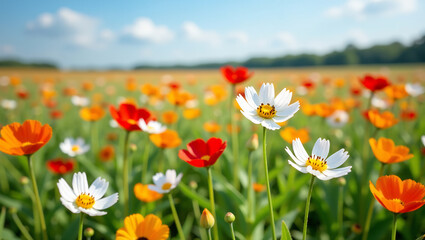 Fototapeta premium A field of wildflowers in full bloom, with a clear blue sky in the background, representing the beauty of summer landscapes.
