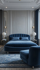 "In my sanctuary, a velvet bed in slate blue features streamlined machine-age curves. The accompanying velvet sofa with tubular chrome frame extends the opulence."
