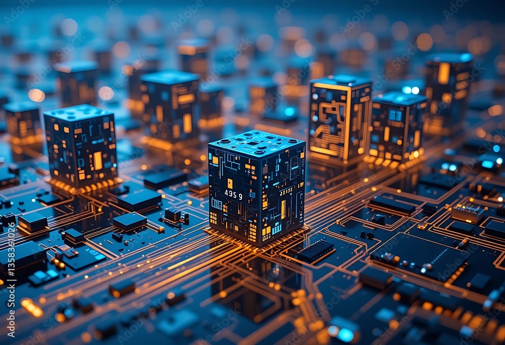 Aufkleber abstract cubes on a circuit board with glowing lights and intricate details in a futuristic design