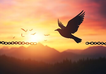 Freedom concept: Silhouette of bird flying and broken chains at autumn mountain sunset background