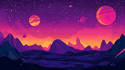 Colorful alien landscape with planets and stars