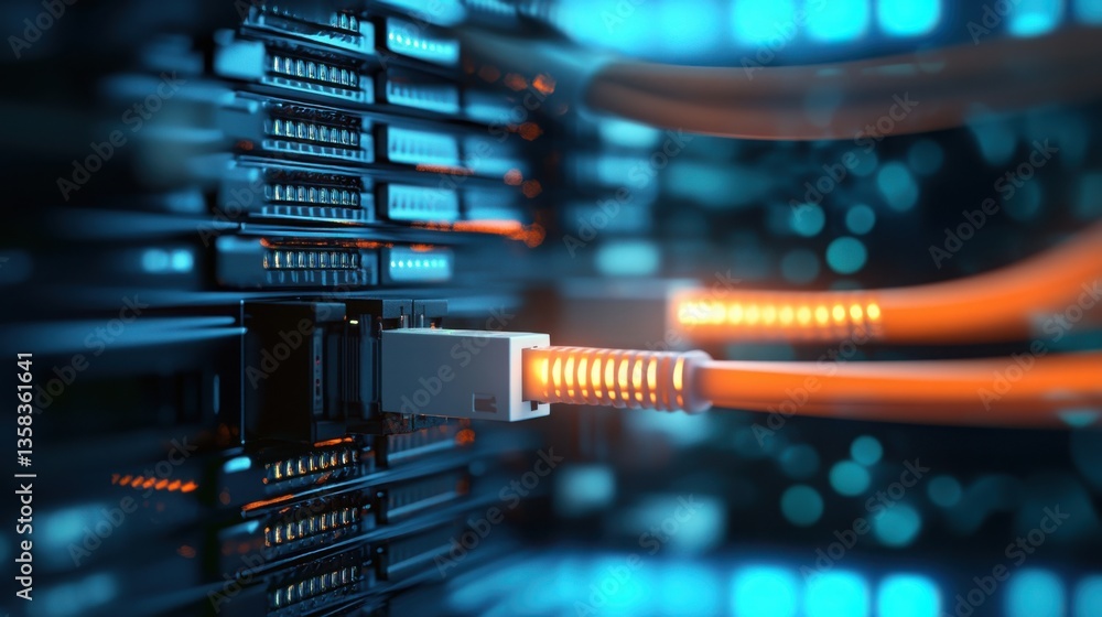 Aufkleber Network Switch with Ethernet Cables Glowing in a Data Center