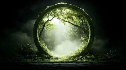 Mystical portal artwork featuring a glowing passage through a mossy stone ring leading to a lush forest. Ideal for fantasy settings or themed media applications.