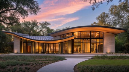 Fototapeta premium Modern Curvy House Exterior at Sunset