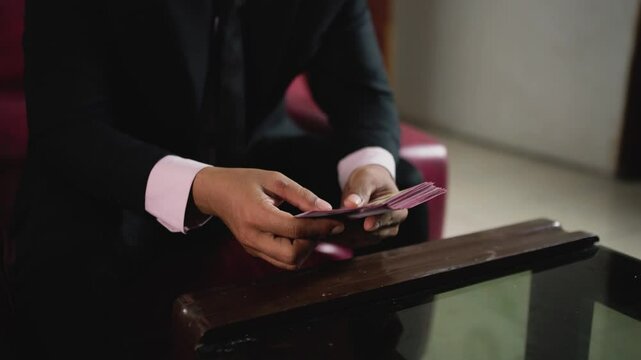 Business man counting paper money 100,000 rupiah, Indonesian rupiah in dark private room. Money exchange, loan, payment and corruption concept.