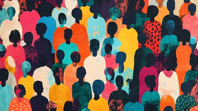 Vibrant diverse people crowd abstract art seamless pattern set. Multi-ethnic community, large cultural diversity group background illustration in modern collage style.