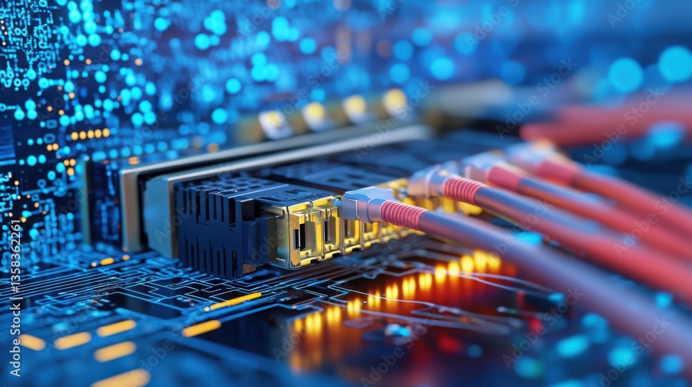 Fototapete Close-Up View of Ethernet Port Connection on Digital Circuit Board