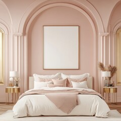 Elegant blush pink bedroom interior with large framed artwork above bed.