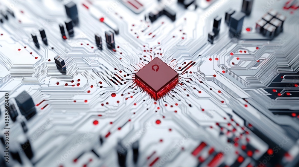 Poster white circuit board with red lock symbol and microchip details