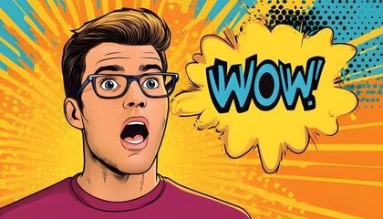 Expressive man with "WOW" text on a colorful background in vibrant pop art style.