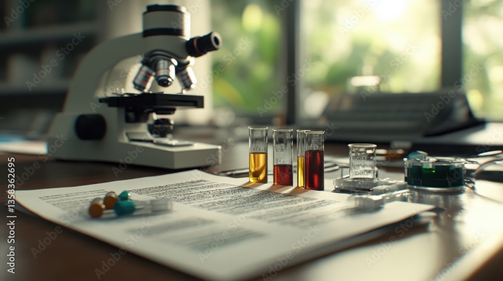 Poster Detailed Lab Analysis and Testing Process with Documents and Equipment
