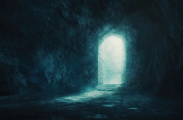 Abstract and surrealistic image of cave with light. revelation and open the door, Holy Bible story concept