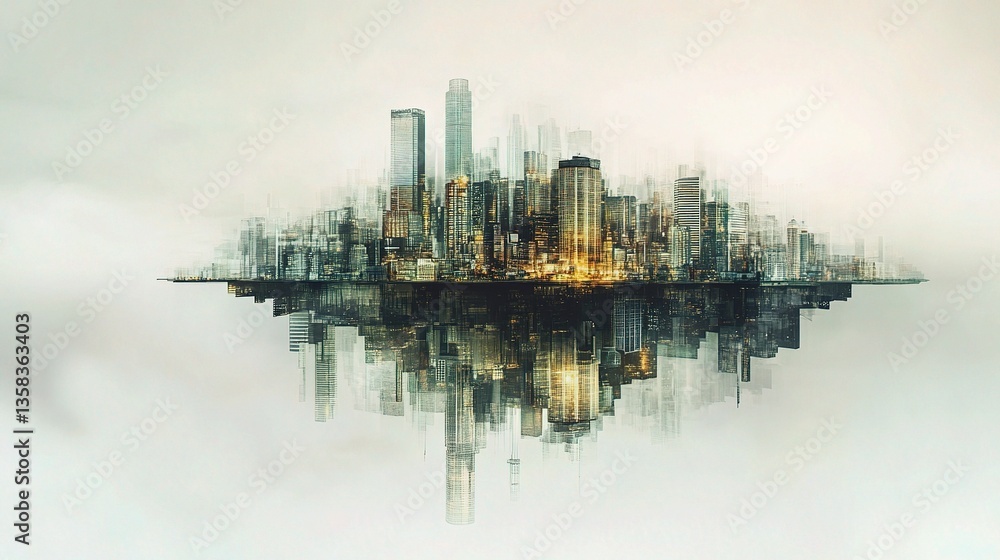 Aufkleber surreal floating cityscape with abstract elements and generative art