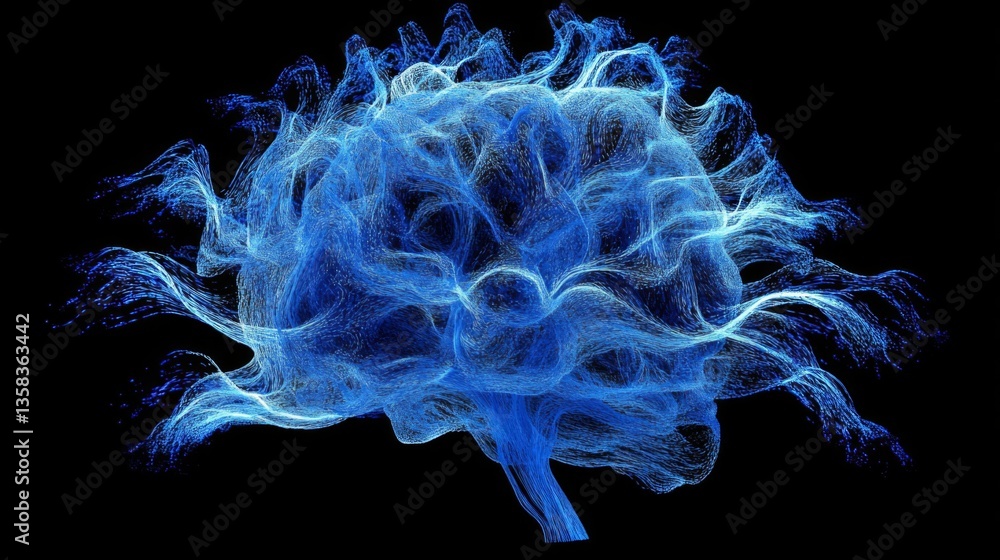 Poster abstract blue digital brain network: glowing particle structure