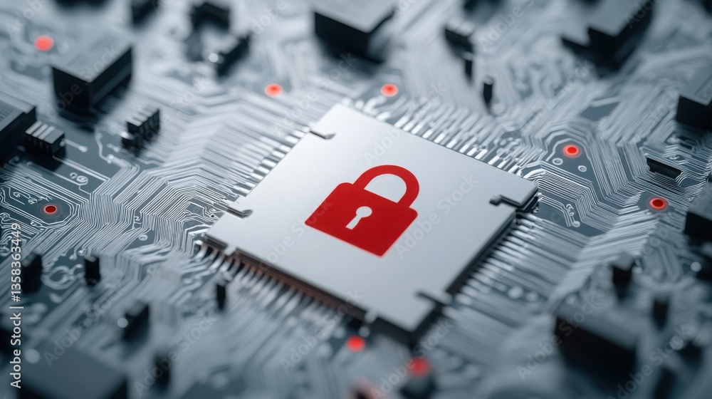 Poster circuit board with red lock symbol on white background