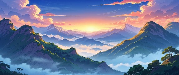 cartoon Scenic mountain ridge with glowing horizon and morning mist layers anime illustration art design