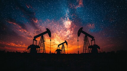 Oil pumps silhouetted against a vibrant sunset, starry sky