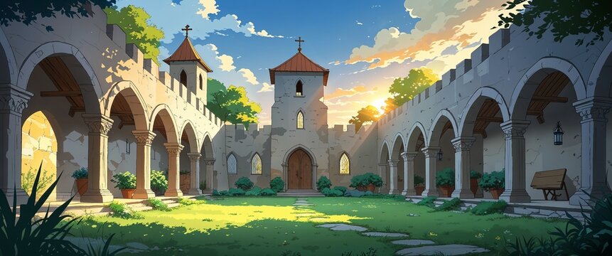 cartoon Serene medieval monastery with stone arches and garden under morning sun anime illustration art design