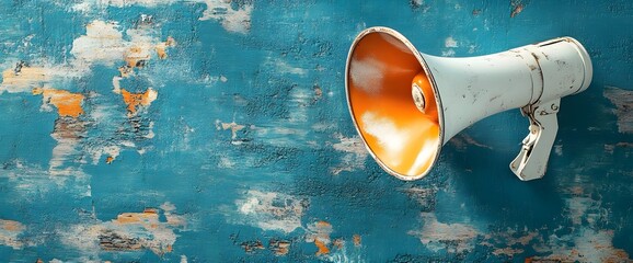 White and Orange Megaphone Placed on a Weathered Blue Surface