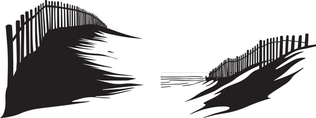 Silhouette of a large sand dune with a beach fence leading to the ocean, symbolizing nature and scenery vector silhouette © Nazia